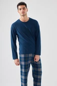 Erkek Yumuşak Dokulu Lacivert Ekose Desenli Pijama Takımı - 3