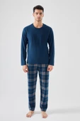 Erkek Yumuşak Dokulu Lacivert Ekose Desenli Pijama Takımı - 1