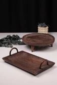 Bambum 2 Parça Pavlonya Elegant Ahşap Sunum ve Servis Seti – Kulplu Dikdörtgen ve Yuvarlak Servis Tabakları thumbnail 1