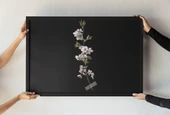 Minimalist Çiçek Dalı Çerçeveli Tablo Siyah Fon Üzerine Beyaz Çiçek Sanatı  Duvar Dekoru  30x42 cm - 1