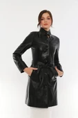 Basics&More Kadın Kuşaklı Düğmeli Siyah Deri Ceket - B3034 - 1