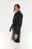 Basics&More Kadın Kuşaklı Düğmeli Siyah Deri Ceket - B3034 - 3