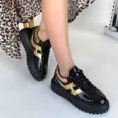 Gesti Siyah Rugan Altın Detaylı Bağcıklı Spor Ayakkabı thumbnail 4