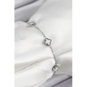 316L Çelik Beyaz Sedef Yonca Model Gümüş Renk Kadın Bileklik Vice-5353 - 1