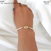 Doğum Ayına Özel Doğal Beyaz Derili 14 Ayar Altın Plakalı Oval Motifli Hediye Bileklik-314 thumbnail 2