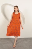 Viskon Kumaş Desenli Elbise-Oranj thumbnail 1