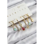 Pirinç Zirkon Taşlı Sallantılı Model Gold Renk 6'lı Küpe Set - 1