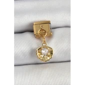 316L Çelik Sallantılı Zirkon Taşlı İstiridye Model Gold Renk Nomination Charm - 1