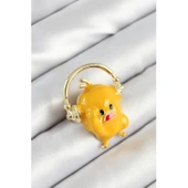 3D Kulaklıklı Sarı Civciv Figürlü Gold Renk Kadın Broş - 1