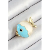 Mineli Turkuaz Ve Krem Balık Figürlü Gold Renk Kadın Broş - 1