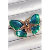 Pirinç Gold Renk Turquaz Model Zirkon Taş Detaylı Kelebek Model Kadın Broş - 1