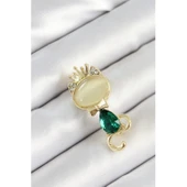 Yeşil Damla Zirkon Taşlı Kraliçe Taçlı Kedi Figürlü Gold Renk Kadın Broş - 1