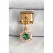 Gold Renk 316 L Çelik  Sallantı Yeşil Zirkon Taşlı Nomination Charm - 1