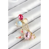 Zirkon Taşlı  Balonlu Pembe Tavşan Figürlü Gold Renk Kadın Broş - 1