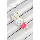 Zirkon Taş Detaylı Beyaz Ve Pembe 3D Tavşan Figürlü Kadın Broş - 1