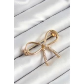 Zirkon Taş Detaylı 3D Fiyonk Figürlü Gold Renk Kadın Broş - 1