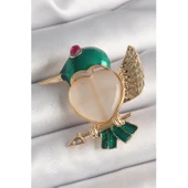 Pirinç Gold Renk Beyaz Mineli Kalp Yeşil Sinek Kuşu Model Pembe Zirkon Taş Detay Kadın Broş - 1