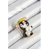 İnci Detaylı Siyah Ve Pembe 3D Sevimli Fare Figürlü Gold Renk Kadın Broş - 1