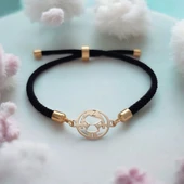 Harfe Özel 14 Ayar Altın Plakalı Kız Çocuk Motifli Siyah İpek Örgülü Hediye Bileklik-315 thumbnail 1