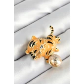 Zirkon Taşlı Siyah Çizgili Turuncu Kaplan Figürlü Gold Renk Kadın Broş - 1