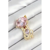 Pembe Zirkon Taşlı Kap Detaylı Kedi Figürlü Gold Renk Kadın Broş - 1