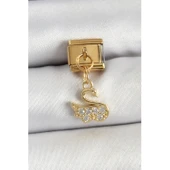 316L Çelik Sallantılı Zirkon Taşlı KuğuModel Gold Renk Nomination Charm - 1