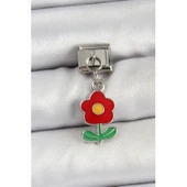 316L Çelik Sallantılı Kırmızı Papatya Model Gümüş Renk Nomination Charm - 1