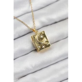 316L Çelik Zirkon Taşlı Açılabilr Kapaklı Kitap Model Gold Renk Kadın Kolye Vice-5353 - 1