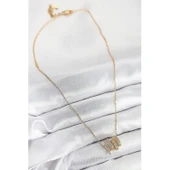 316L Çelik Zirkon Taşlı Sarmal Model Gold Renk Kadın Kolye Vice-5353 - 2