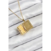 316L Çelik Zirkon Taşlı Açılabilr Kapaklı Kitap Model Gold Renk Kadın Kolye Vice-5353 - 2
