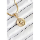 316L Çelik Zirkon Taşlı Pusula Model Gold Renk Kadın Kolye Vice-5353 - 1
