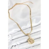 316L Çelik Zirkon Taşlı Pusula Model Gold Renk Kadın Kolye Vice-5353 - 2