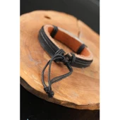 Çelik Aksesuarlı Siyah Renk Deri Erkek Bileklik - 2