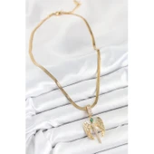 316L Çelik Zirkon Taşlı Melek Model Gold Renk Kadın Kolye Vice-5353 - 2
