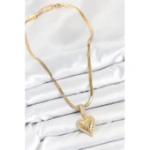 316L Çelik Zirkon Taşlı Kalp Model Gold Renk Kadın Kolye Vice-5353 - 2