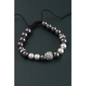 Doğal Taş Family Model Gümüş Ve Füme Renk Asansörlü Erkek Bileklik - 2