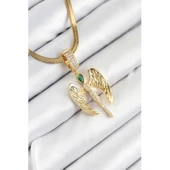 316L Çelik Zirkon Taşlı Melek Model Gold Renk Kadın Kolye Vice-5353 - 1