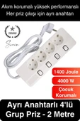 Özel Üretim 4'lü Ayrı Anahtarlı 2 Metre Akım Korumalı Grup Priz 1400 Joule 4000W Çoklu Uzatma Kablo - 1
