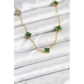 Gold Renk 316 L Çelik Zincir Yeşil Baby Boy Yonca Kadın Kolye Vice-5353 - 1