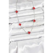 Gümüş Renk 316 L Çelik Zincir  Kırmızı Baby Boy Yonca Kadın Kolye Vice-5353 - 2