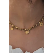Çelik Gold Renk Kalın Zincir Model Kalp Figür Kadın Kolye Vice-5353 - 2