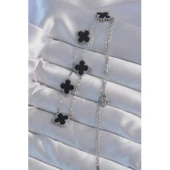316L Çelik Gümüş Renk Siyah Mineli Yonca Kolye - 2