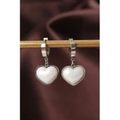 316L Çelik Gümüş Renk Beyaz Bombeli Kalp Küpe - 1