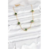 Gold Renk 316 L Çelik Zincir Yeşil Baby Boy Yonca Kadın Kolye Vice-5353 - 2