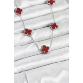 Gümüş Renk 316 L Çelik Zincir  Bordo Renk Yonca Kadın Kolye Vice-5353 - 1