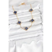 Gold Renk 316 L Çelik Zincir Lacivert Yonca Kadın Kolye Vice-5353 - 2