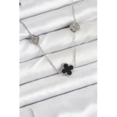 Gümüş Renk 316 L Çelik Zincir  Siyah ve Zirkon Taşlı Yonca Kadın Kolye Vice-5353 - 1