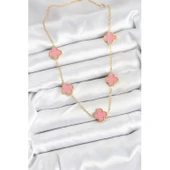 316L Çelik Zincir Gold Pembe Renk Yonca Kadın Kolye Vice-5353 - 2
