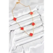 316L Çelik Zincir Gold Kırmızı Renk Yonca Kadın Kolye Vice-5353 - 2