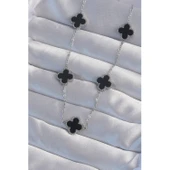 316L Çelik Gümüş Renk Siyah Mineli Yonca Kolye - 1